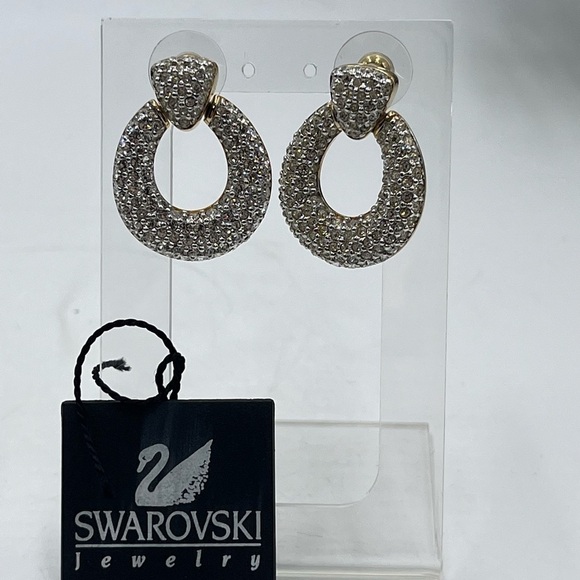 Vintage Signed SAL Swan Swarovski Crystals Gold Tone Door Knocker Dangle Earring - Picture 1 of 14